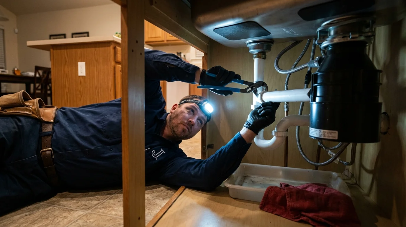 P-trap and supply line connections under a kitchen sink showing a common leak point in Douglas, AZ